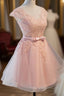 Custom Pink Lovely Cap Sleeves Knee Length Formal Dress, Pink Tulle Prom Dress