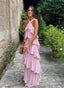 Cute A-Line Straps Tiered Chiffon Long Prom Dresses Pink Bridesmaid Dresses