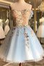 Cute Blue Lace Applique Top Off Shoulder Prom Dresses Blue Homecoming Dresses