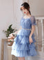 Cute Blue Layers Shiny Tulle Short Sleeves Prom Dresses Blue Homecoming Dress
