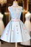 Cute Blue Satin Short Homecoming Dresses Prom Dresses Blue Prom Dresses With Flowers