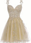 Cute Champagne Tulle Short Lace Homecoming Dress, Sweetheart Knee Length Prom Dress