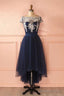 Cute Dark Blue Tulle Lace High Low Prom Dresses