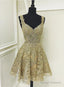 Cute Gold Lace V Neck Short Prom Dresses Homecoming Dresses
