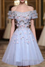 Cute Gray Blue Tulle Short Prom Dresses Off The Shoulder Homecoming Dresses