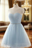 Cute Light Blue Homecoming Dress With Belt, Lovely Short Prom Dress