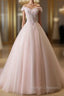 Cute Light Pink Tulle Flowers Off Shoulder Prom Dress, Sweet 16 Gowns