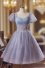 Cute Light Purple Short Sleeves Homecoming Dress, Light Purple Prom Dress