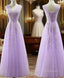 Cute Light Purple Tulle with Lace V Neckline Prom Dress, Long Prom Gowns Formal Dress