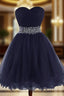 Cute Navy Blue Sweetheart Beaded Homecoming Dresses Short Prom Dresses