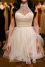 Cute Open Back Champagne Beaded Short Prom Dresses Fluffy Champagne Beaded Homecoming Dresses