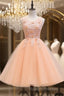 Cute Pink Flowers And Lace Applique Round Neckline Prom Dresses Pink Homecoming Dresses