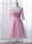 Cute Pink Knee Length Short Sleeves Prom Dresses Tulle Prom Dresses