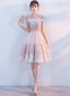 Cute Pink Round Neckline Flower Lace Short Prom Dresses Pink Prom Dresses Short