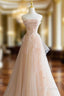 Cute Pink Strapless Tulle Long Formal Dress with Flowers, Pink Tulle Prom Dress