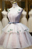 Cute Pink Tulle Short Flowers Lace Layers Prom Dress Pink Short Homecoming Dress
