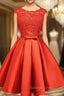Cute Red Homecoming Dress, Round Neckline Lace and Satin Prom Dress