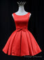 Cute Red Satin Short Prom Dress, Red Round Neckline Homecoming Dress