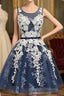 Cute Round Neck Lace Tulle Dark Blue Short Prom Dresses Bridesmaid Dresses