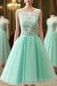 Cute Round Neck Lace Tulle Short Green Prom Dresses Bridesmaid Dresses