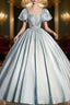 Cute Satin Floor Length Prom Dresses A-Line Short Sleeve Prom Dresses
