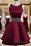 Cute Satin Knee Length Cross Back Beaded Party Dress, Homecoming Dress