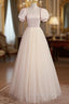 Cute Satin Tulle Long Prom Dress, A Line Short Sleeve Prom Dress