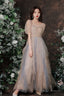 Cute Short Sleeves Layers Tulle Long Prom Dresses A-Line Prom Dress
