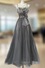 Cute Silver Grey A-Line Spaghetti Straps Tulle Satin Long Prom Dress Gorgeous Birthday Dress Evening Dress