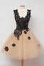 Cute Square Knee-Length Homecoming Dresses With Black Lace Appliques