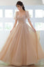 Cute Tulle Beaded Long Prom Dresses A-Line Short Sleeve Prom Dresses With Bow