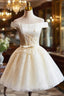 Cute Tulle Lace Knee Length Prom Dress, Champagne Off the Shoulder Prom Prom Dress
