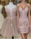 Cute tulle pink lace short prom dress, cute lace homecoming dress