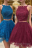 Cute two pieces lace tulle beads short prom Dresses lace homecoming Dresses