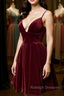 Cute V Neck Backless Burgundy Velvet Short Prom Homecoming Dress, Backless Maroon Formal Graduation Evening Dress