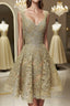 Cute V Neck Golden Lace Short Prom Dresses, Golden Lace Homecoming Dresses, Golden Formal Evening Dresses