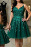 Cute V Neck Green Lace Short Prom Homecoming Dresses, Green Lace Formal Dresses, Green Evening Dresses