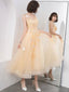 Cute V Neck Tulle Lace Tea Length Prom Dresses Champagne Lace Prom Dresses