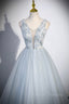 Cute V Neck Tulle Long Prom Dress, Gray Prom Dress