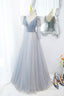 Cute V Neck Tulle Prom Dresses Long with Beaded A Line Long Sleeve Prom Dresses