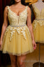 Cute V Neck Yellow Lace Short Prom Dress with Belt, Yellow Lace Homecoming Dress, Short Yellow Formal Evening Dress