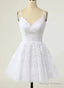 Cute V-Neckline White Tulle With Lace Graduation Dresses White Short Prom Dresses
