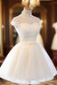 Cute White Tulle Short Lace Cap Sleeves Prom Dresses White Homecoming Dresses