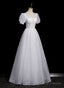 Cute White Tulle Short Sleeves Beaded Prom Dresses A-Line White Tulle Prom Dresses