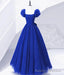 Cute Tulle Long Prom Dress with Bow, Royal Blue Short Sleeve Prom Prom Dress