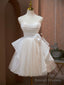 Champagne Spaghetti Strap Tulle Party Dress, Cute Knee Length Prom Dress