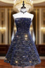 Dark Blue A-Line Sequin Lace Short Prom Dress, Blue Homecoming Dress