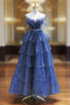 Dark Blue A Line Strapless Beaded Tulle Long Senior Prom Dress Evening Party Dress