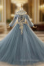 Dark Blue Ball Gowns Tulle High Neck Long Sleeve Sequins Wedding Dress
