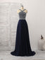 Dark Blue Chiffon Beads Long Prom Dress, Blue Prom Dress